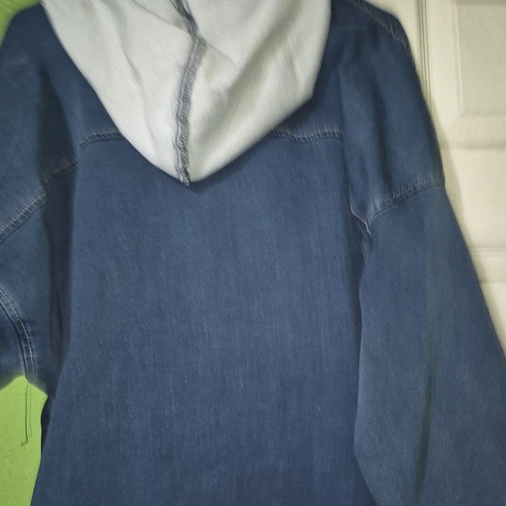 Ashley Stewart Blue Denim Jacket with Gray Hood